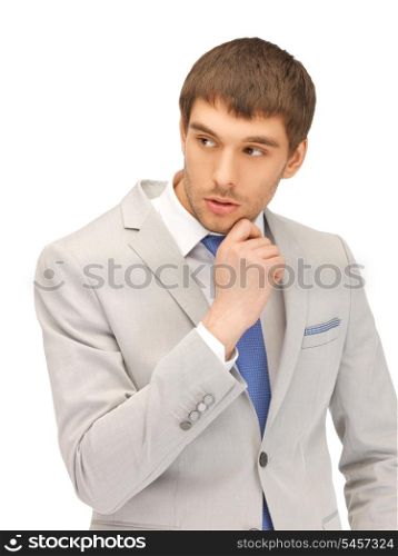 bright closeup portrait picture of pensive man