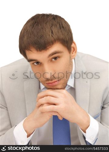 bright closeup portrait picture of pensive man