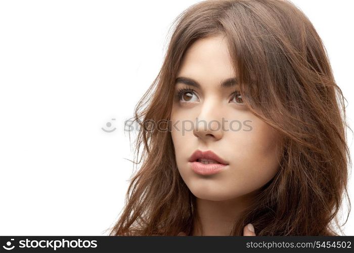 bright closeup portrait picture of pensive woman