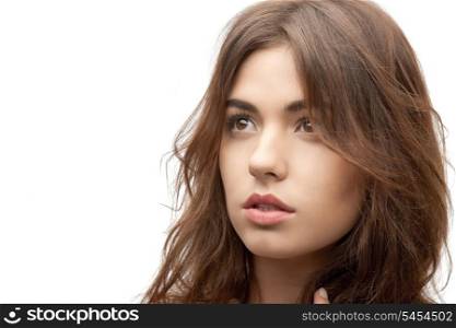 bright closeup portrait picture of pensive woman