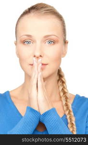 bright closeup portrait picture of praying businesswoman