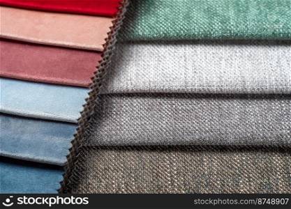 Bright collection of colorful textile s&les. Fabric swatches, set in different colors for selection. Variety colors of upholstery material for furniture and interior. Fabric texture background