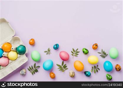 bright collection row colored eggs near container leaves