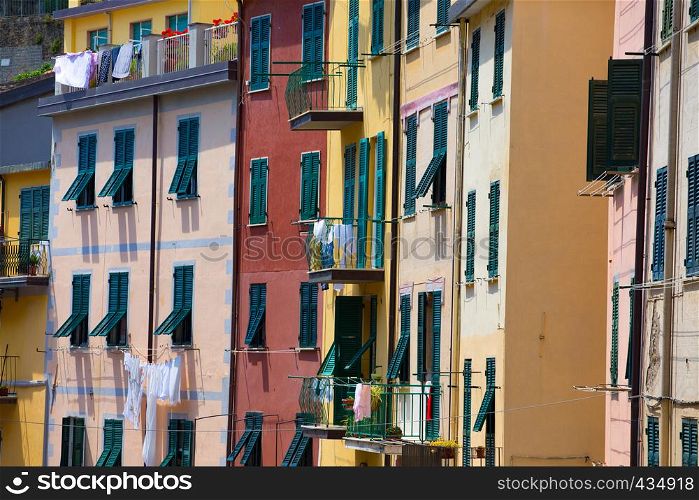 bright colored facades of Riomaggiore Cinque Terre province La Spezia Italy
