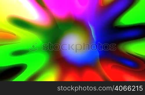 Bright colored mandala in the form of a spiral rotates on a bright colored background and turns into a flower.