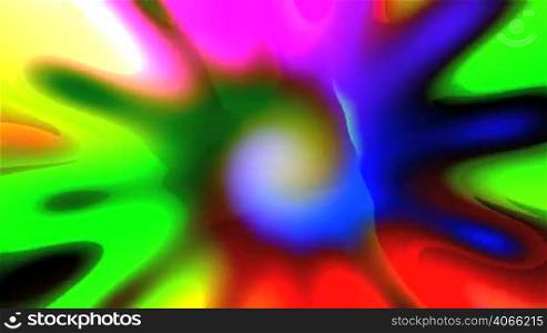 Bright colored mandala in the form of a spiral rotates on a bright colored background and turns into a flower.