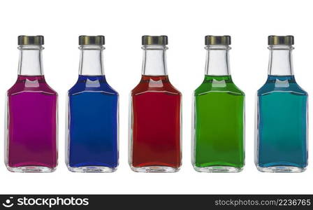 Bright colorful bottles isolated on white background. Bright colorful bottles