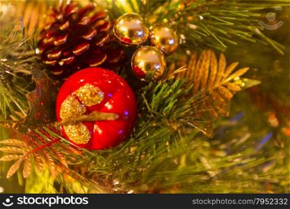 Bright colorful decorations on a Christmas Tree.