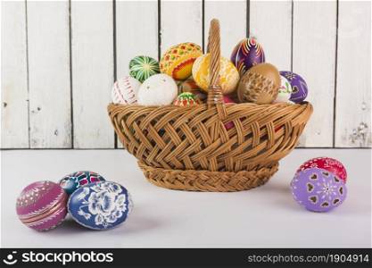bright colorful easter eggs basket. Beautiful photo. bright colorful easter eggs basket
