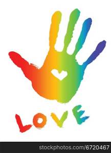 bright colorful handprint with love symbol and &rsquo;&rsquo;love&rsquo;&rsquo; word