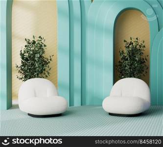 Bright colorful interior with 2 armchairs, bluea arches and yellow wall, green plants in pot, 3d rendering