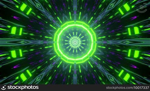 Bright colorful lines and round shaped center of 3d illustration for abstract art background. Green neon lights glowing on 3d illustration
