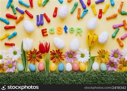 bright composition easter eggs flowers