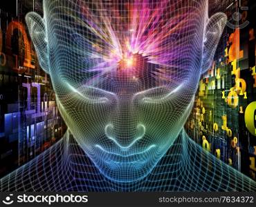 Bright Dreams . Lucid Mind series. Background design of 3D rendering of glowing wire mesh human face on the subject of artificial intelligence, human consciousness and spiritual AI