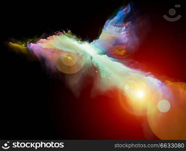 Bright element of colorful paint against black background reminiscent of flying figure