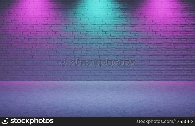 Bright empty room made from brick with violet and blue color spotlight background. Cyberpunk style and theater stage concept. Architecture and interior theme. 3D illustration rendering graphic design