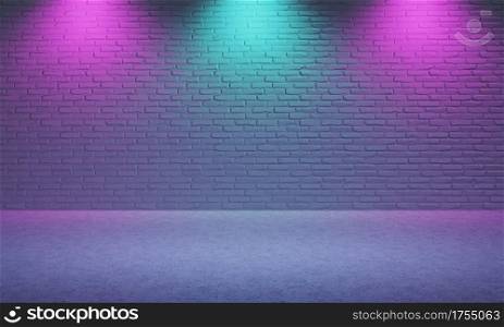 Bright empty room made from brick with violet and blue color spotlight background. Cyberpunk style and theater stage concept. Architecture and interior theme. 3D illustration rendering graphic design