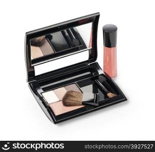 bright eye shadows and rouge with applicator, isolated on white, with clipping path