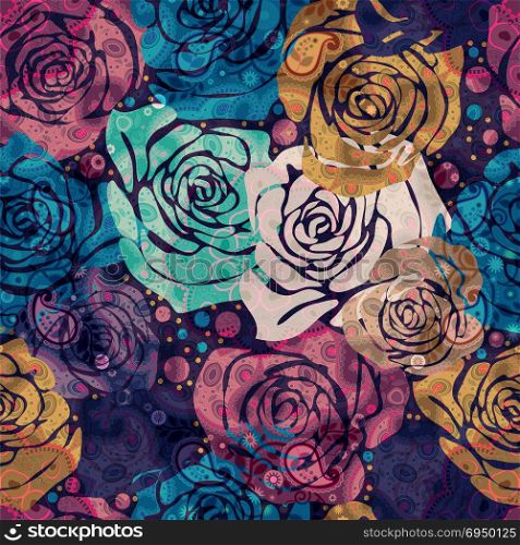 Bright floral pattern with stylized roses. Colorful illustration with hand drawn roses
