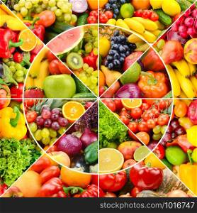 Bright fresh fruits and vegetables in round frame. Natural background.