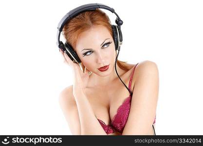 Bright girl in the ear-phones, isolated on a white background