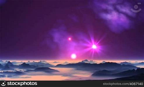 Bright glowing object (UFO) flies quickly through the dark starry sky. In the sky the sunrise, a bright radiant star, a nebula. Dark mountains stand among the pink fog.