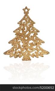 Bright golden Christmas tree isolated on a white background
