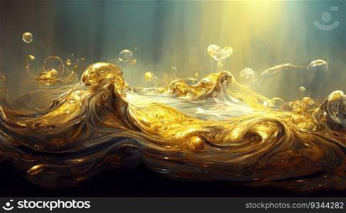 Bright golden liquid waves abstract background, Generative AI technology. Bright golden liquid waves abstract background, AI generated