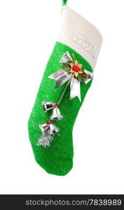 Bright green christmas stocking on a white background