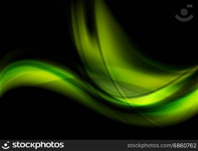 Bright green glowing waves on black background. Bright green smooth glowing waves on black background