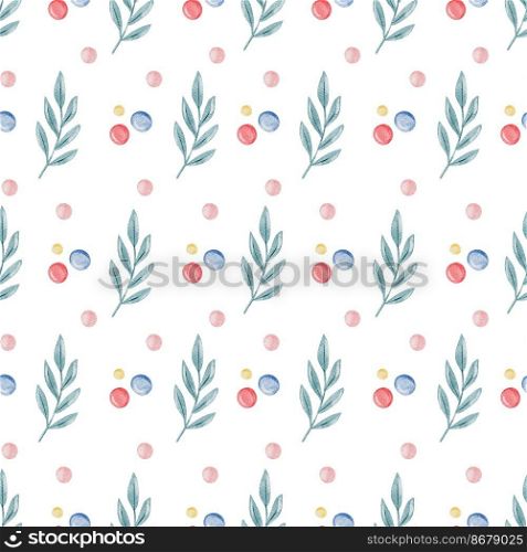 Bright green summer seamless pattern with leaves and dots. Floral background.. Bright green summer seamless pattern with leaves and dots. Floral background