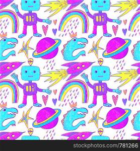 Bright hand drawn surface design with cosmic elements. Seamless pattern on the boy wonder theme with robots, rainbows, dinosaurs, planets, rockets, hearts, raindrops, stars