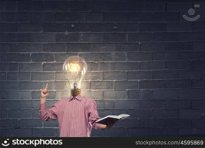 Bright head. Unrecognizable businessman with light bulb instead of head