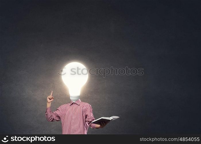 Bright head. Unrecognizable businessman with light bulb instead of head