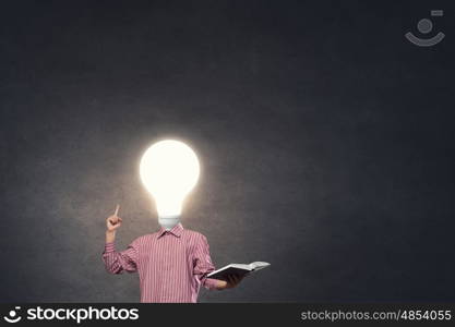 Bright head. Unrecognizable businessman with light bulb instead of head