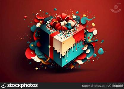 Bright holiday gift with a splash of confetti. Neural network AI generated art. Bright holiday gift with a splash of confetti. Neural network AI generated