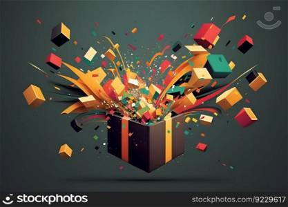 Bright holiday gift with a splash of confetti. Neural network AI generated art. Bright holiday gift with a splash of confetti. Neural network AI generated
