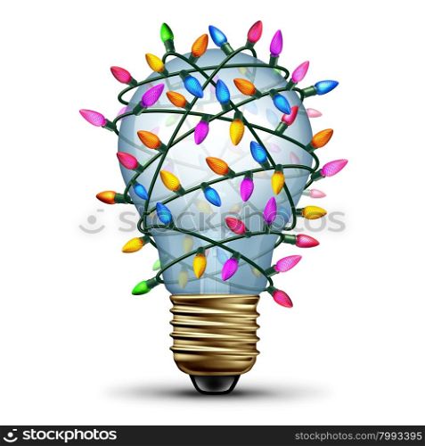 Bright holiday idea winter seasonal concept as a light bulb wrapped with christmas lights as a festive symbol for decorating ideas or gift giving inspiration.