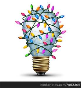 Bright holiday idea winter seasonal concept as a light bulb wrapped with christmas lights as a festive symbol for decorating ideas or gift giving inspiration.