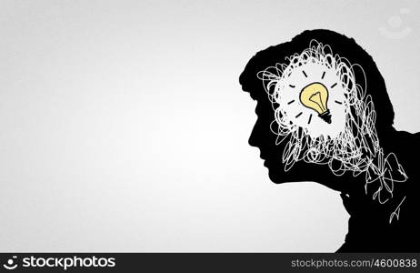 Bright idea. Black drawn silhouette of man on white backdrop