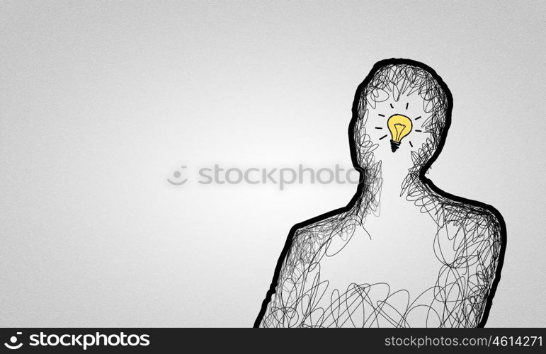 Bright idea. Black drawn silhouette of man on white backdrop