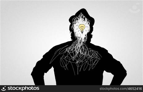Bright idea. Black drawn silhouette of man on white backdrop