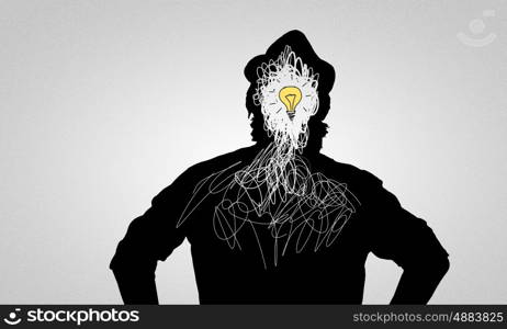 Bright idea. Black drawn silhouette of man on white backdrop