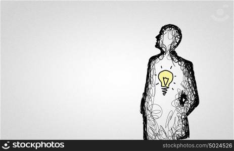 Bright idea. Black drawn silhouette of man on white backdrop