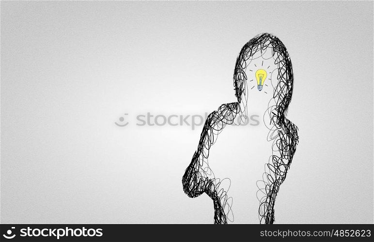 Bright idea. Black drawn silhouette of woman on white backdrop