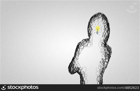 Bright idea. Black drawn silhouette of woman on white backdrop
