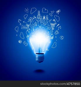 Bright idea. Conceptual image of electric bulb with business sketches