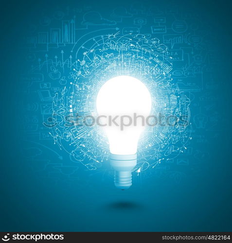 Bright idea. Conceptual image of electric bulb with business sketches