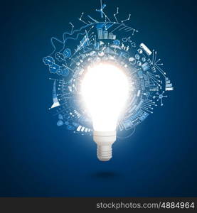 Bright idea. Conceptual image of electric bulb with business sketches