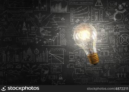 Bright idea for success. Glass glowing light bulb and business sketched ideas